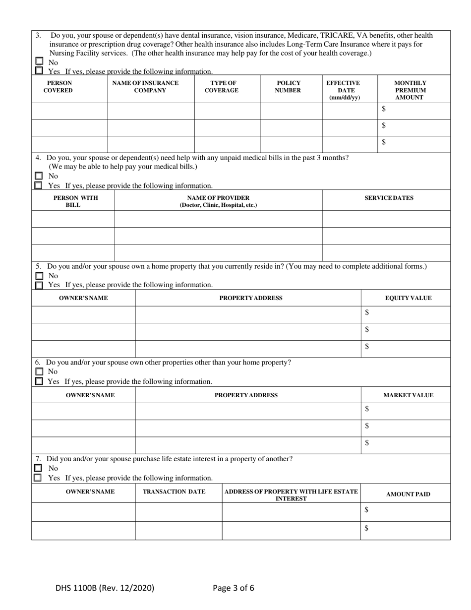 Form DHS1100B Supplemental Form for Individuals Applying for Coverage on the Basis of Age, Blindness or Disability and / or Requests for Long-Term Care Services - Hawaii, Page 3