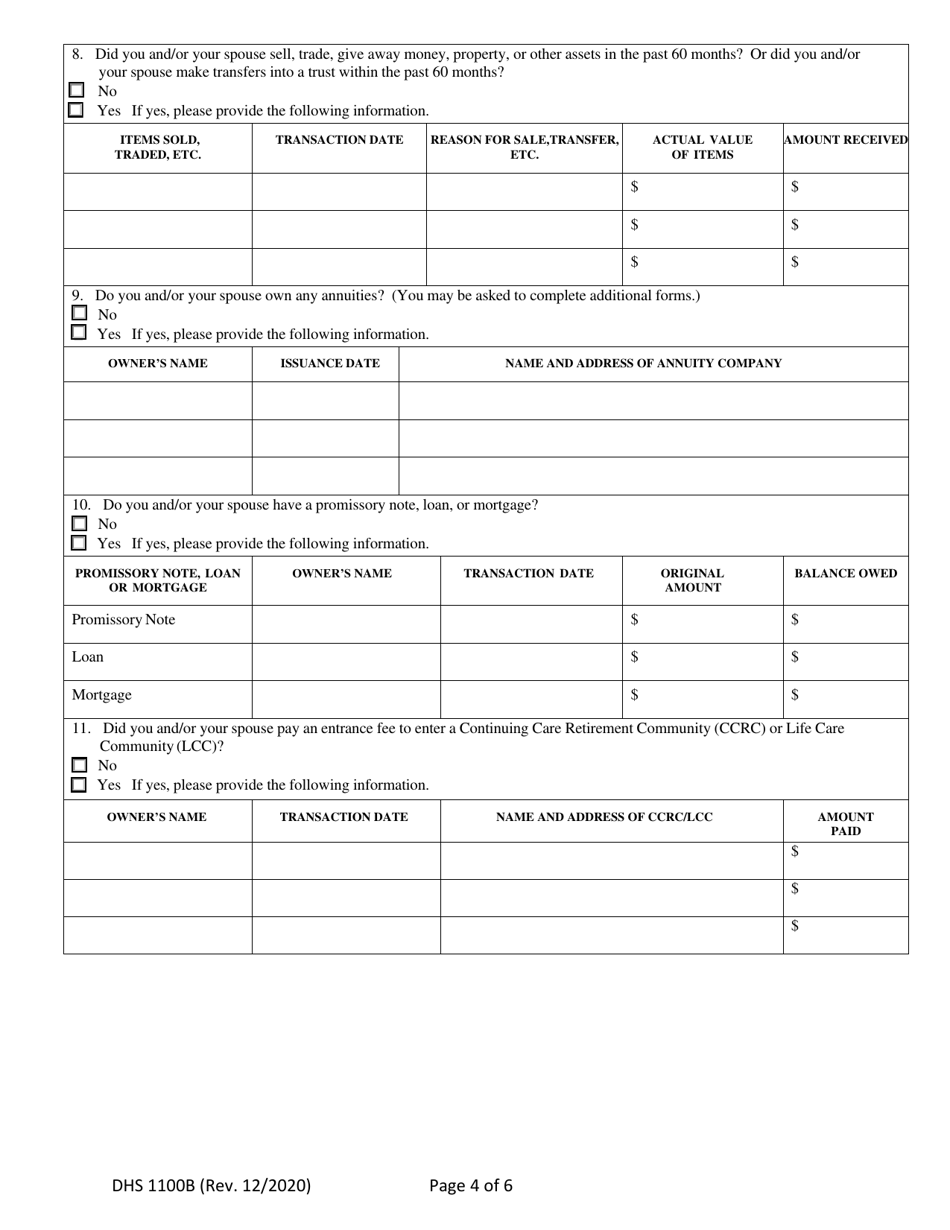 Form DHS1100B Supplemental Form for Individuals Applying for Coverage on the Basis of Age, Blindness or Disability and / or Requests for Long-Term Care Services - Hawaii, Page 4