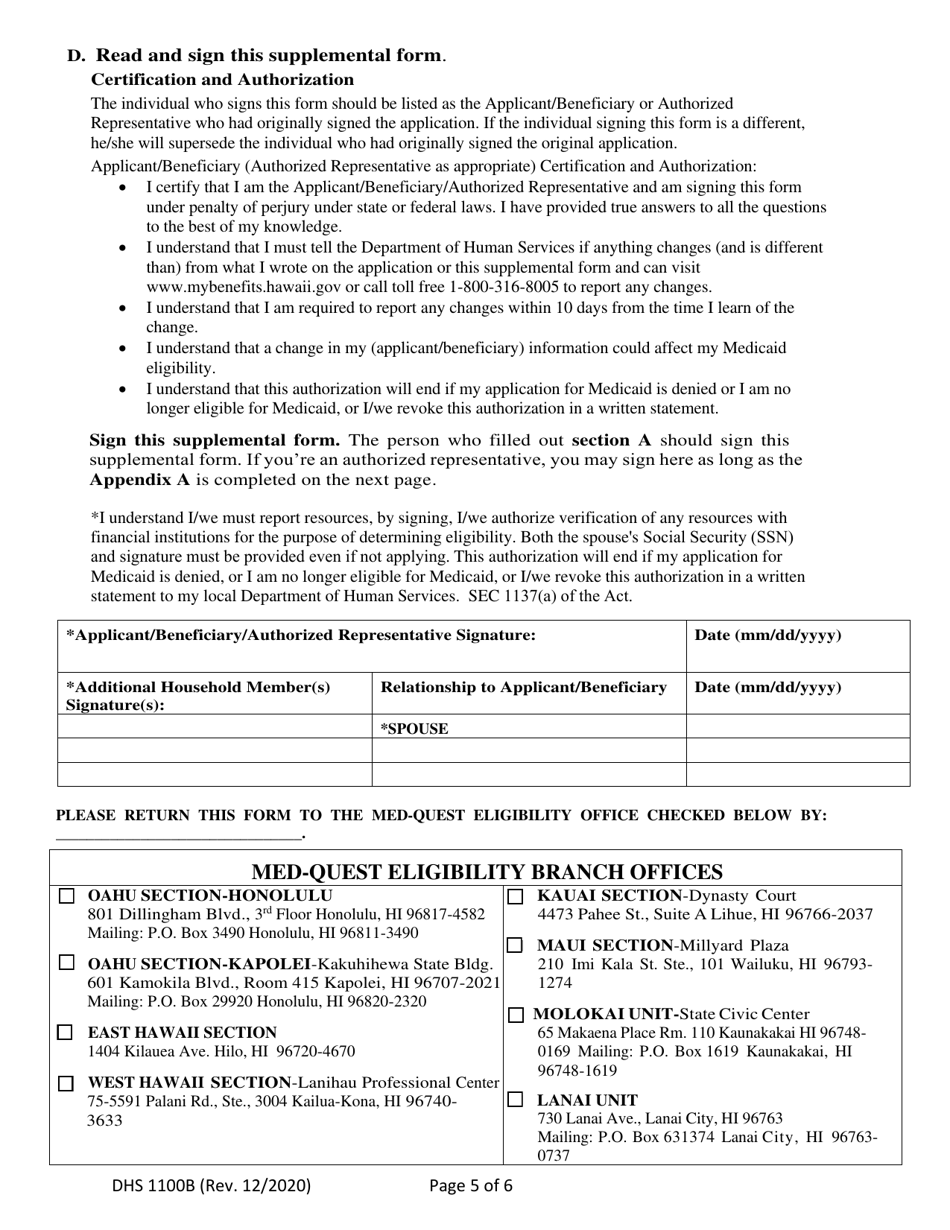 Form DHS1100B Supplemental Form for Individuals Applying for Coverage on the Basis of Age, Blindness or Disability and / or Requests for Long-Term Care Services - Hawaii, Page 5
