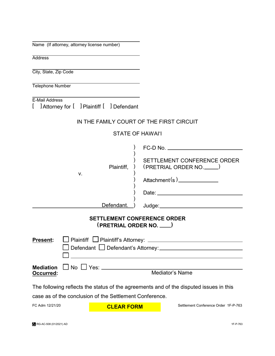 Form 1F-P-763 Settlement Conference Order - Hawaii, Page 1