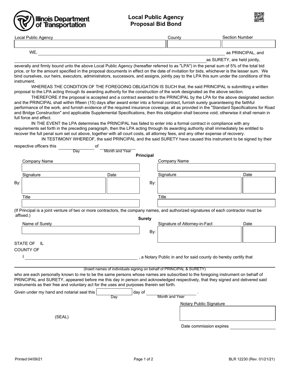 Form BLR12230 Local Public Agency Proposal Bid Bond - Illinois, Page 1