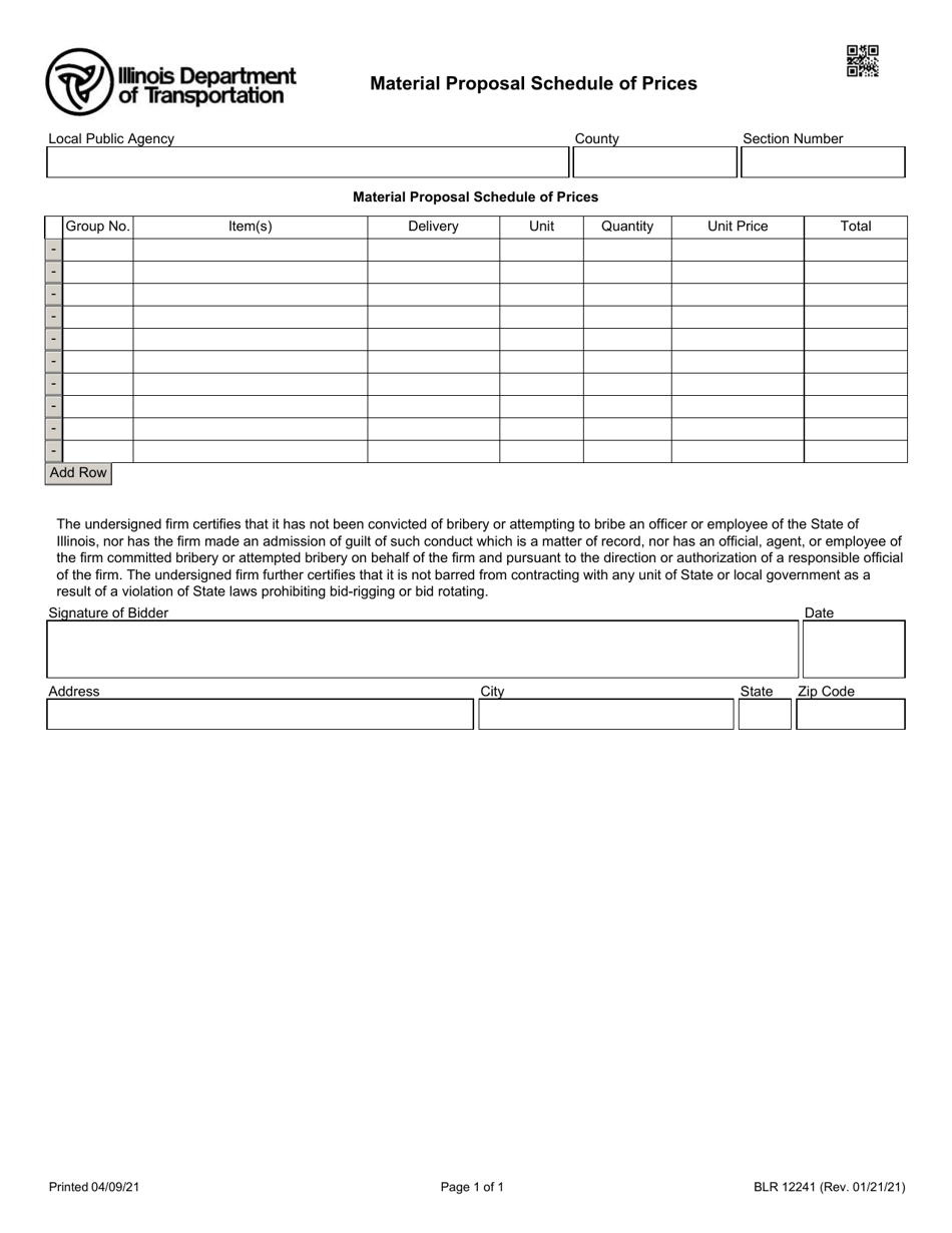 Form BLR12241 Material Proposal Schedule of Prices - Illinois, Page 1