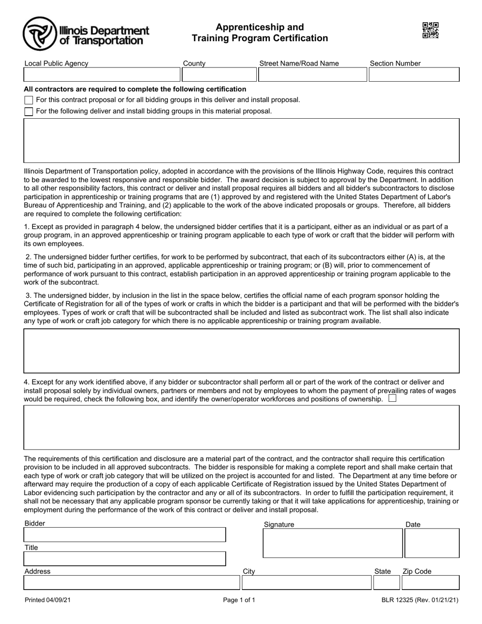 Form BLR12325 Apprenticeship and Training Program Certification - Illinois, Page 1