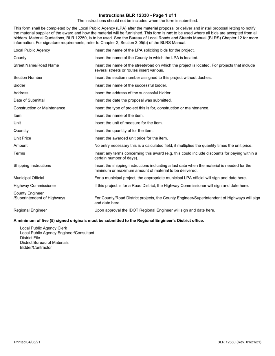 Form BLR12330 Acceptance of Proposal to Furnish Materials and Approval of Award - Illinois, Page 2