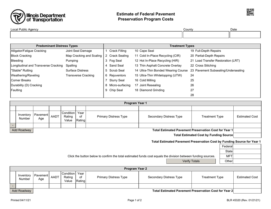 Form BLR45320 Estimate of Federal Pavement Preservation Program Costs - Illinois, Page 1