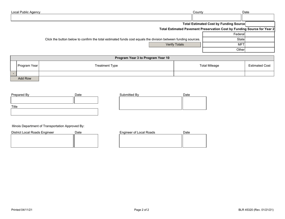 Form BLR45320 Estimate of Federal Pavement Preservation Program Costs - Illinois, Page 2