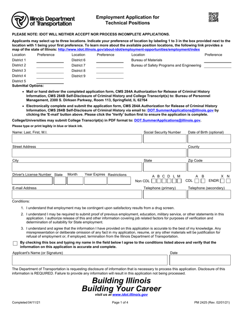 Form PM2425 Employment Application for Technical Positions - Illinois