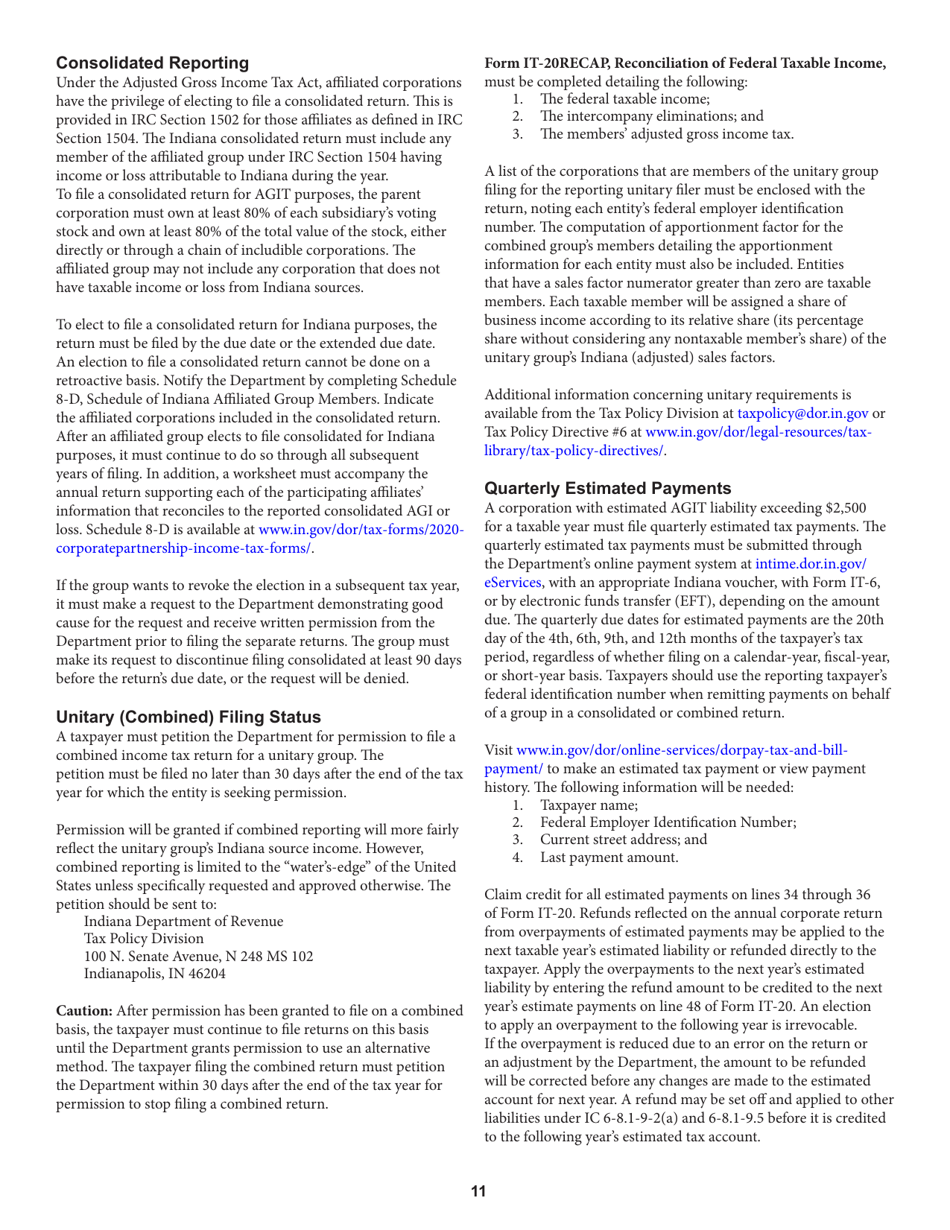 Instructions for Form IT-20, State Form 44275 Indiana Corporate Adjusted Gross Income Tax Return - Indiana, Page 11