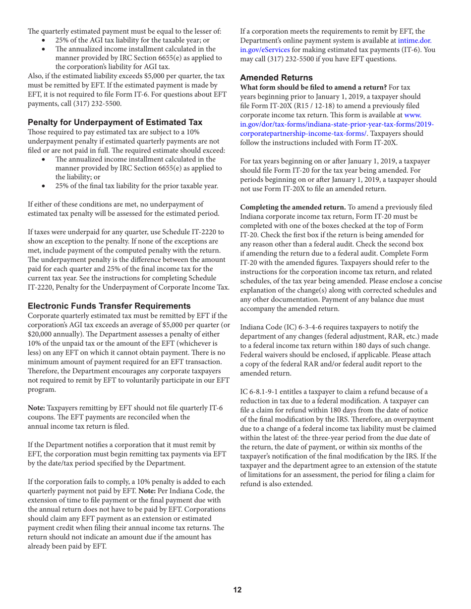 Instructions for Form IT-20, State Form 44275 Indiana Corporate Adjusted Gross Income Tax Return - Indiana, Page 12