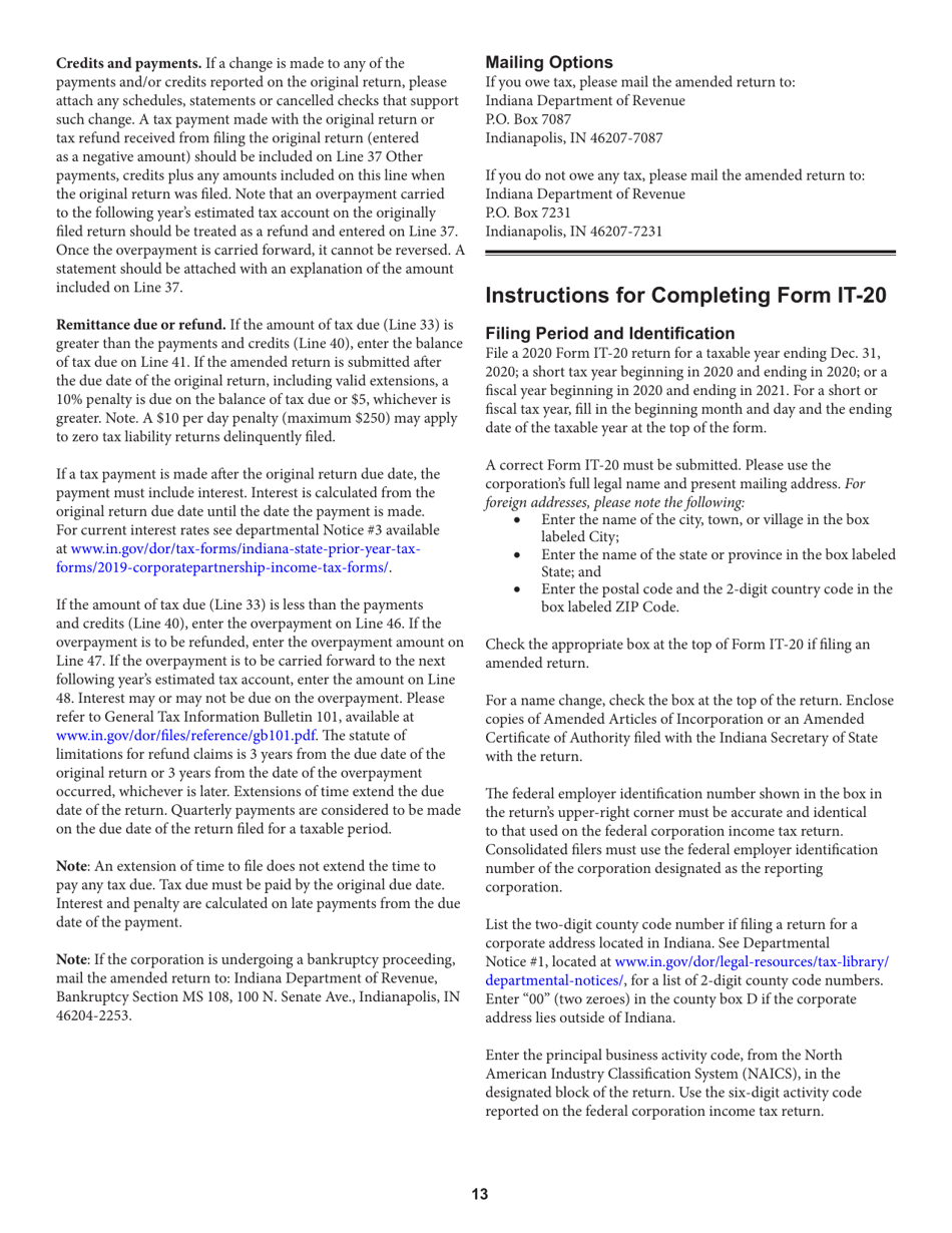 Instructions for Form IT-20, State Form 44275 Indiana Corporate Adjusted Gross Income Tax Return - Indiana, Page 13