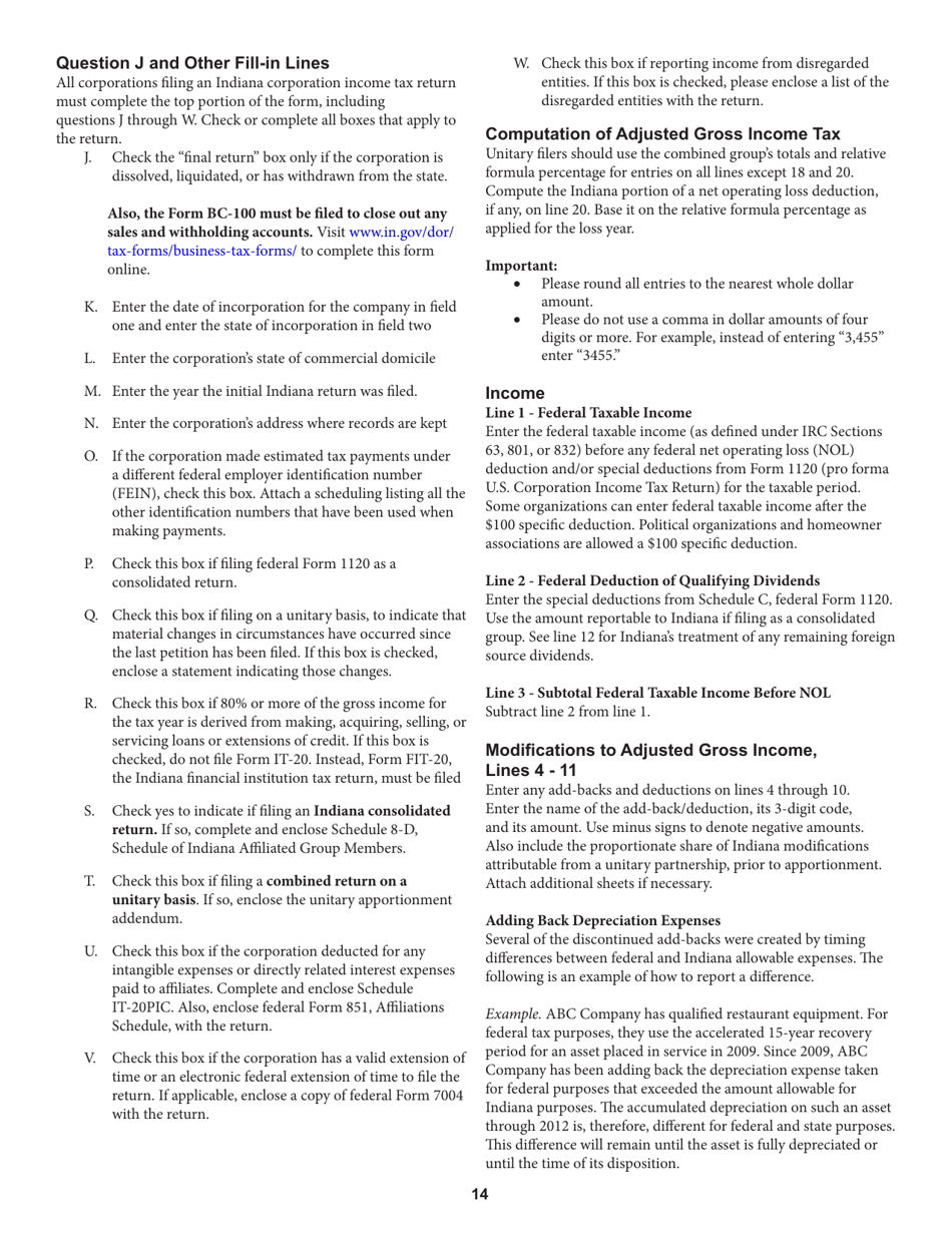 Instructions for Form IT-20, State Form 44275 Indiana Corporate Adjusted Gross Income Tax Return - Indiana, Page 14