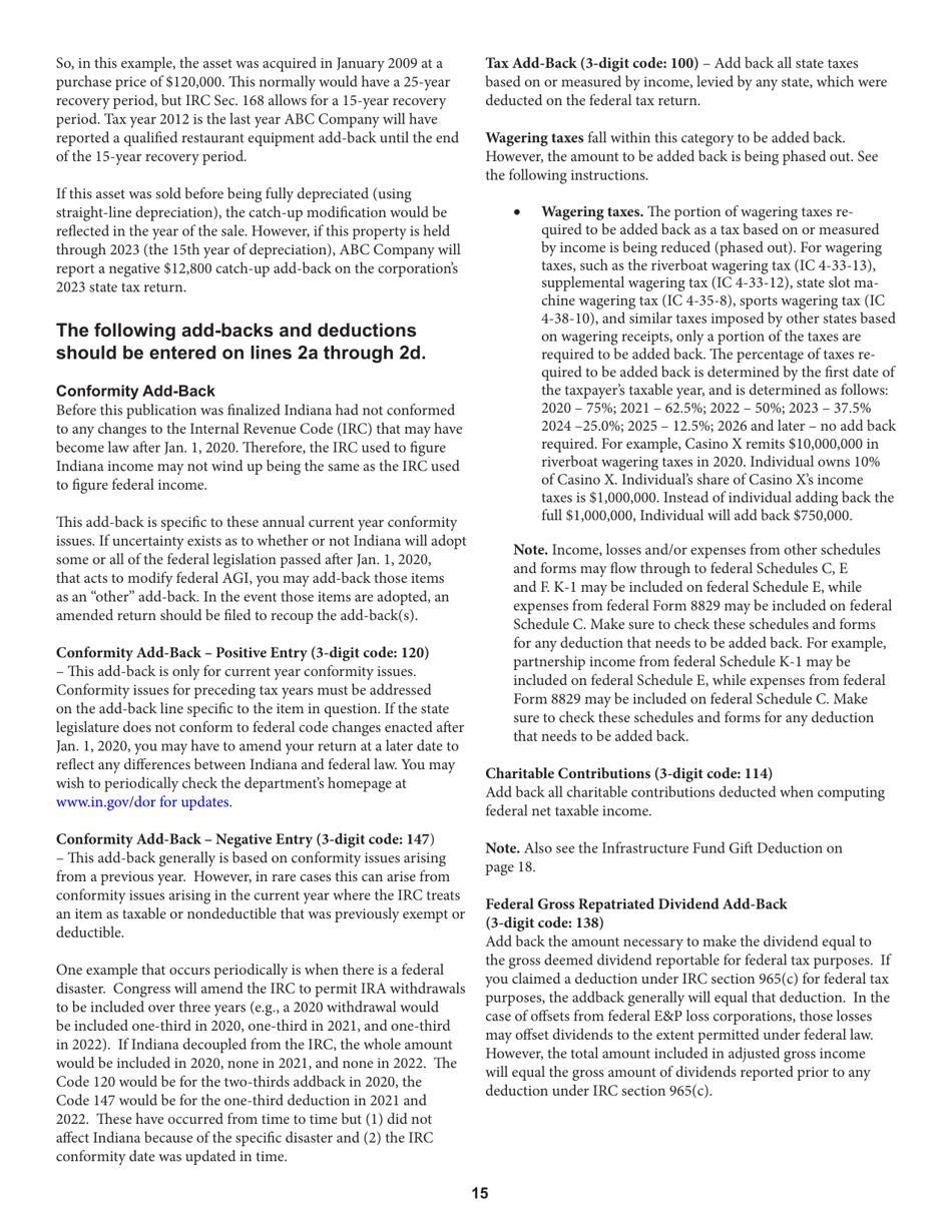 Instructions for Form IT-20, State Form 44275 Indiana Corporate Adjusted Gross Income Tax Return - Indiana, Page 15