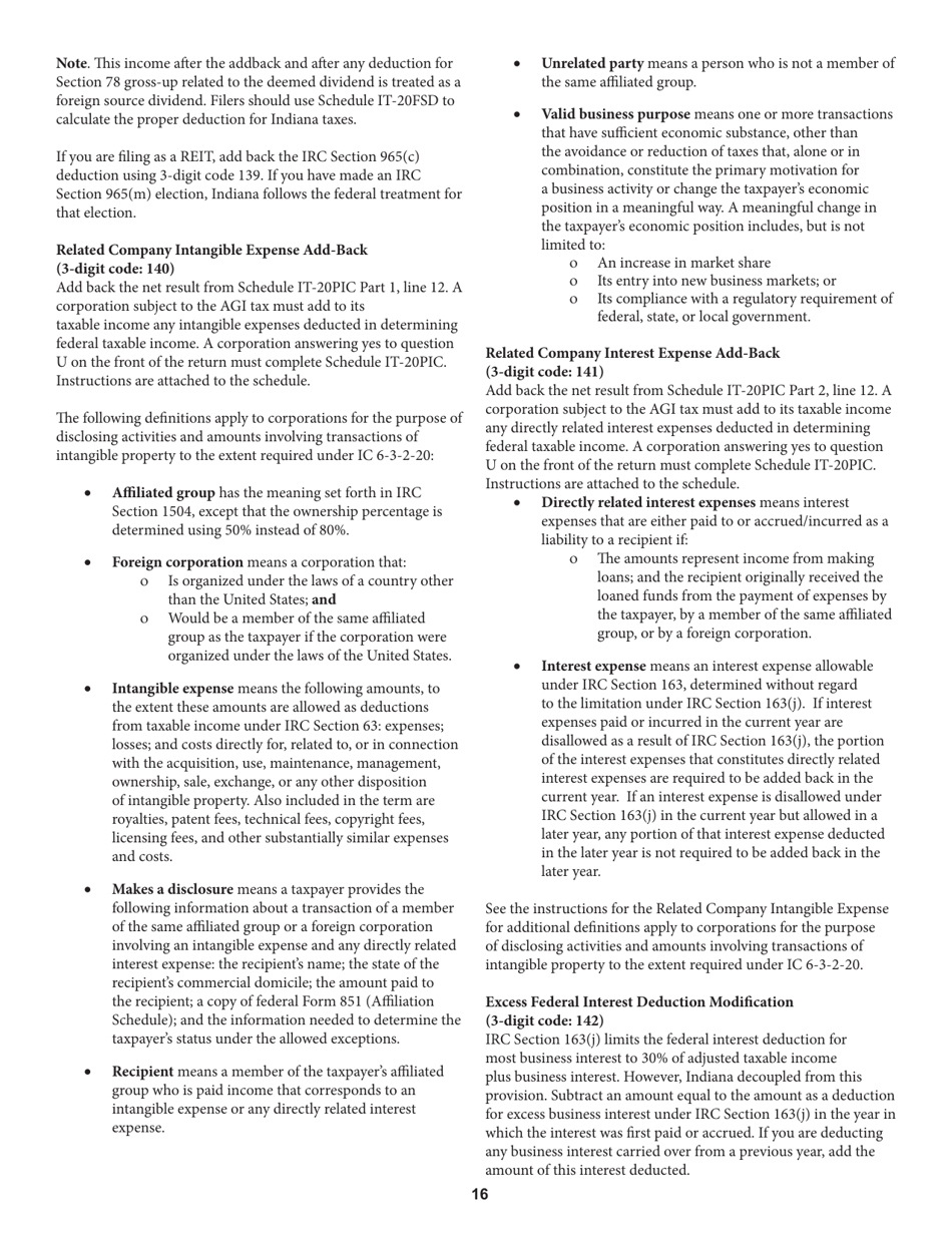 Instructions for Form IT-20, State Form 44275 Indiana Corporate Adjusted Gross Income Tax Return - Indiana, Page 16