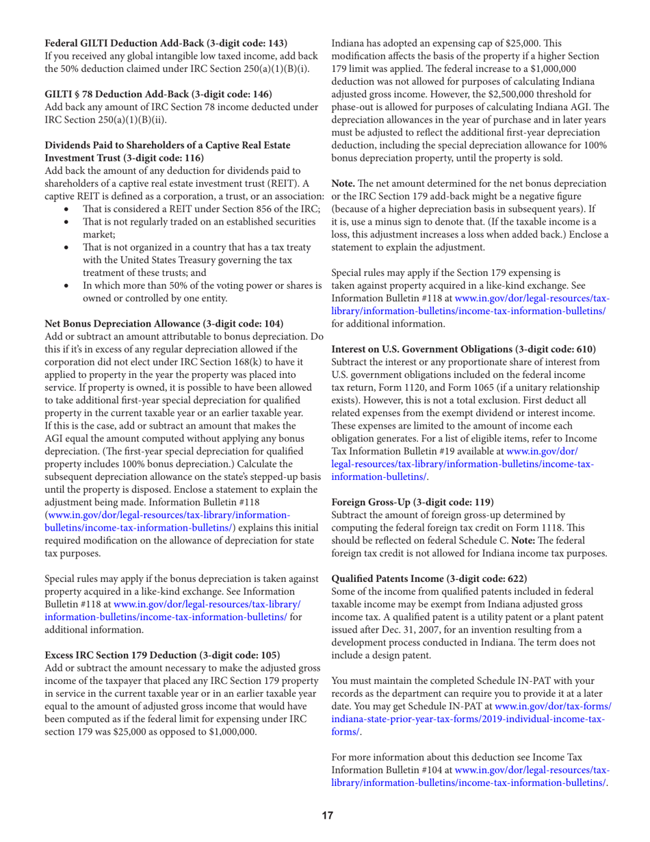 Instructions for Form IT-20, State Form 44275 Indiana Corporate Adjusted Gross Income Tax Return - Indiana, Page 17
