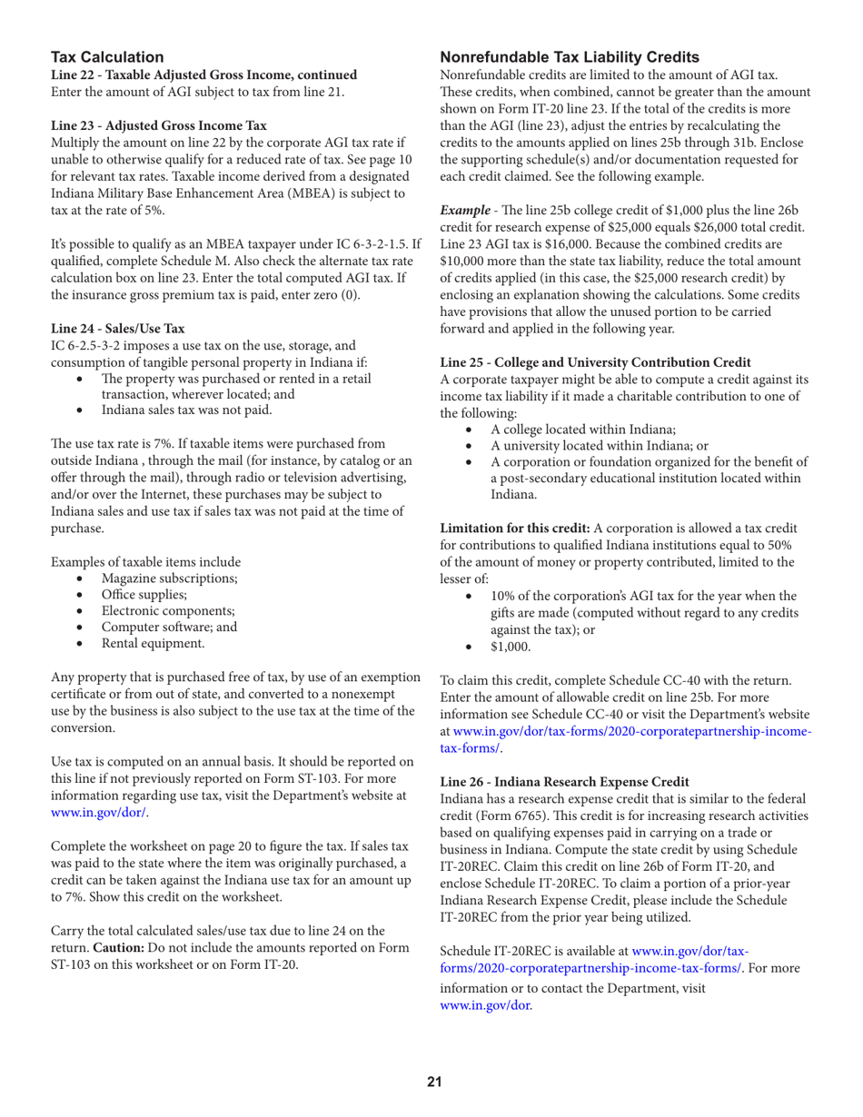 Instructions for Form IT-20, State Form 44275 Indiana Corporate Adjusted Gross Income Tax Return - Indiana, Page 21