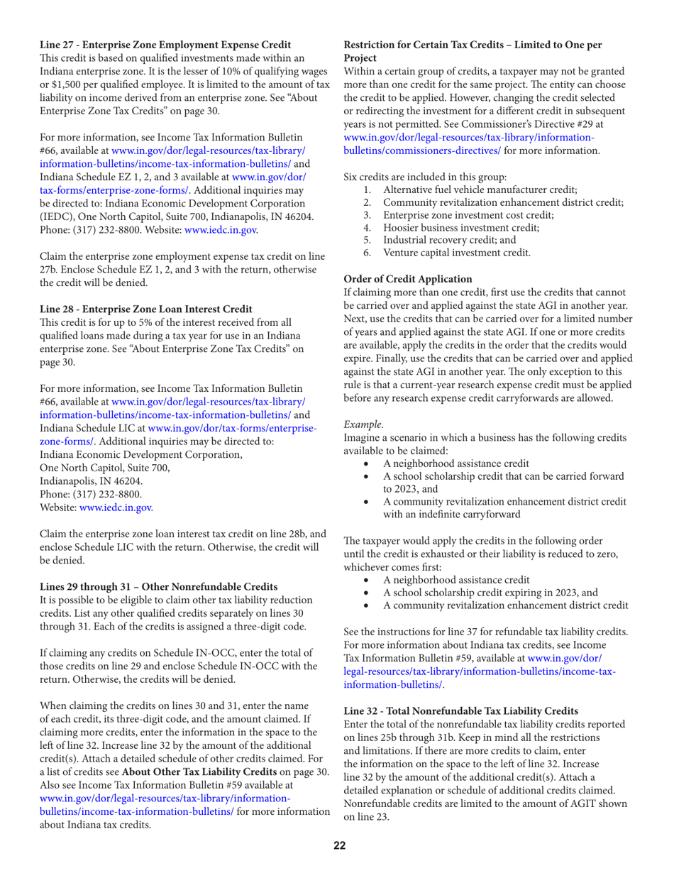 Instructions for Form IT-20, State Form 44275 Indiana Corporate Adjusted Gross Income Tax Return - Indiana, Page 22