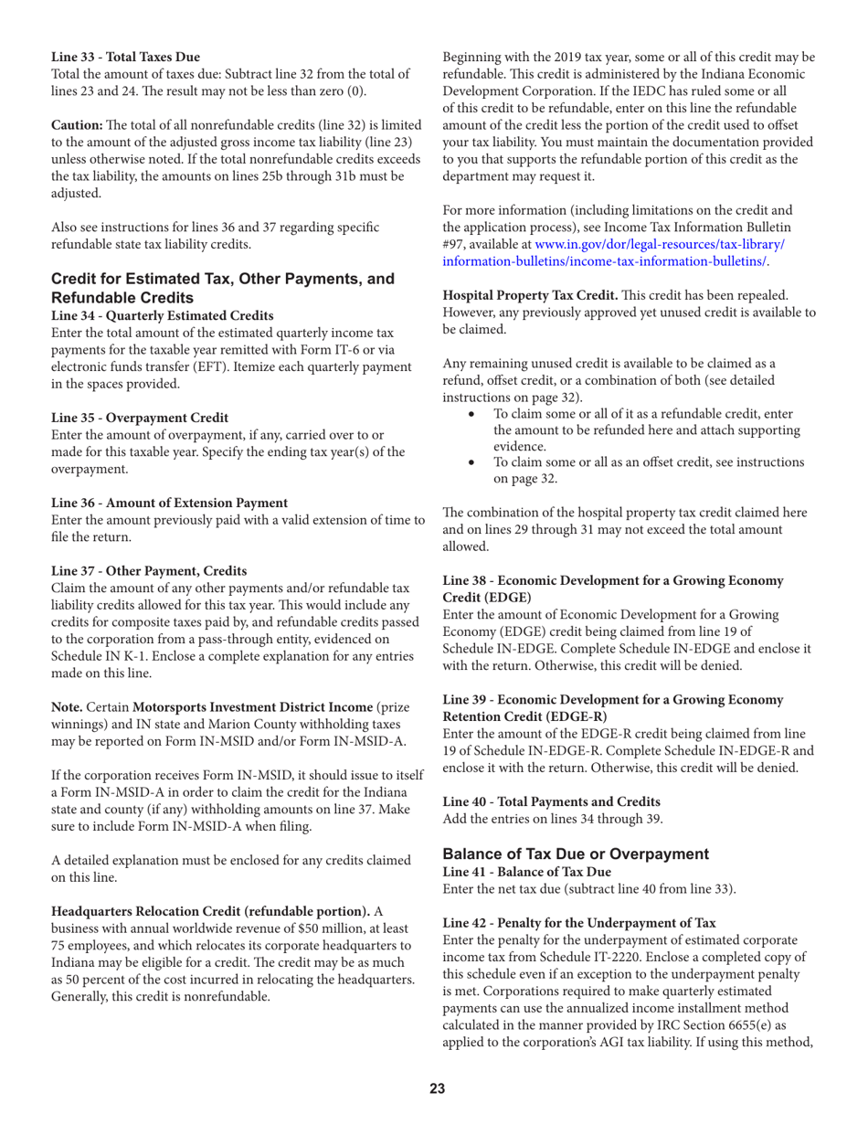 Instructions for Form IT-20, State Form 44275 Indiana Corporate Adjusted Gross Income Tax Return - Indiana, Page 23