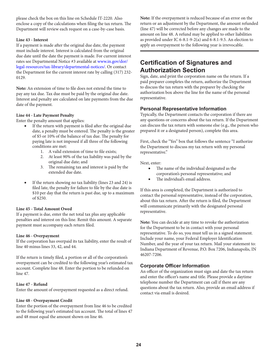 Instructions for Form IT-20, State Form 44275 Indiana Corporate Adjusted Gross Income Tax Return - Indiana, Page 24