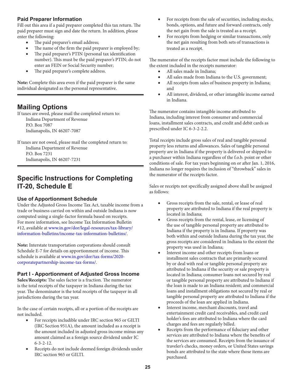 Instructions for Form IT-20, State Form 44275 Indiana Corporate Adjusted Gross Income Tax Return - Indiana, Page 25