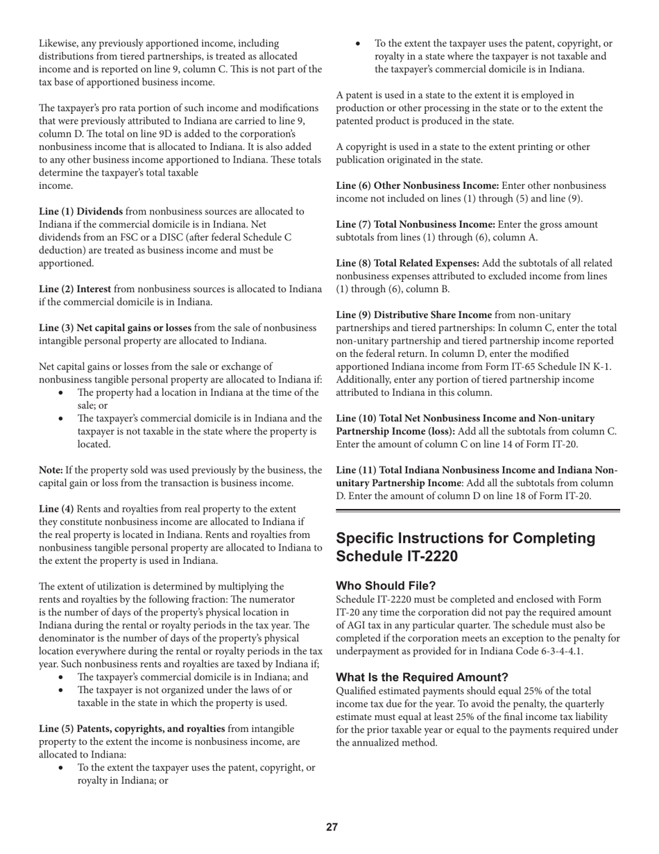 Instructions for Form IT-20, State Form 44275 Indiana Corporate Adjusted Gross Income Tax Return - Indiana, Page 27