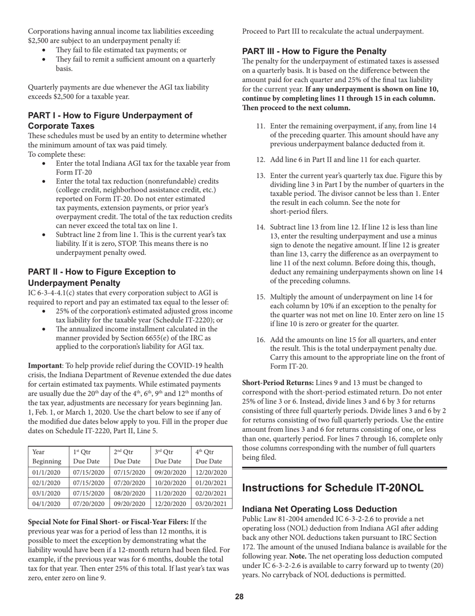 Instructions for Form IT-20, State Form 44275 Indiana Corporate Adjusted Gross Income Tax Return - Indiana, Page 28