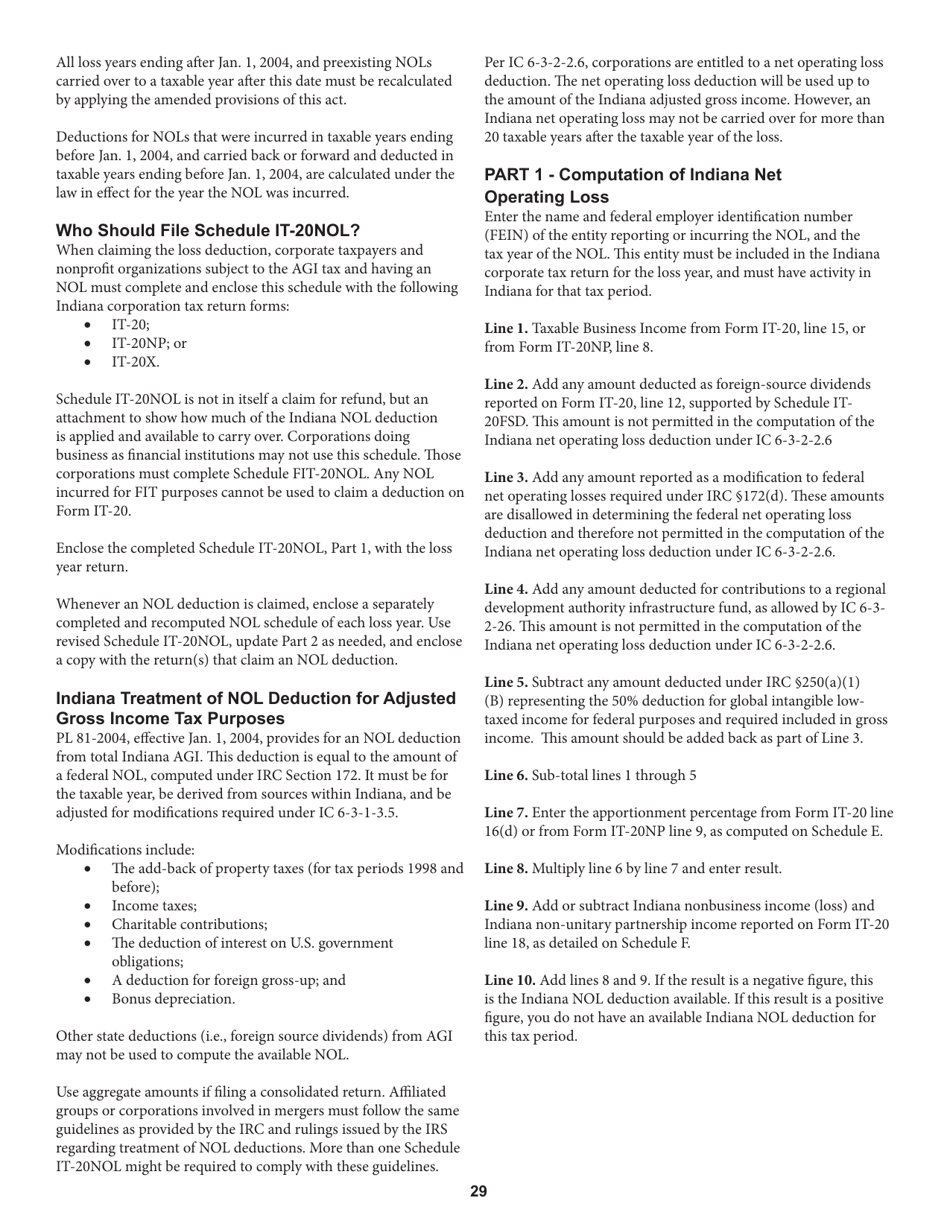 Instructions for Form IT-20, State Form 44275 Indiana Corporate Adjusted Gross Income Tax Return - Indiana, Page 29