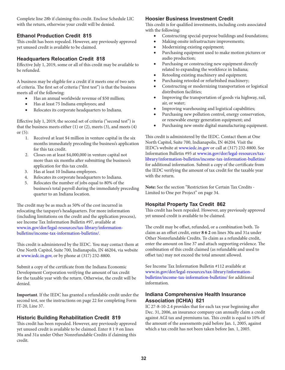 Instructions for Form IT-20, State Form 44275 Indiana Corporate Adjusted Gross Income Tax Return - Indiana, Page 32