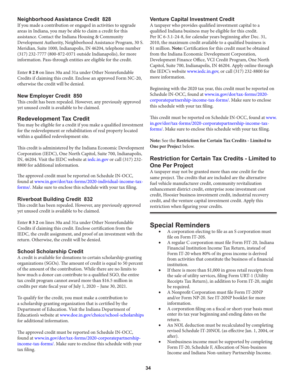 Instructions for Form IT-20, State Form 44275 Indiana Corporate Adjusted Gross Income Tax Return - Indiana, Page 34