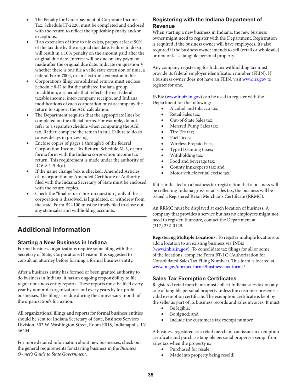 Instructions for Form IT-20, State Form 44275 Indiana Corporate Adjusted Gross Income Tax Return - Indiana, Page 35