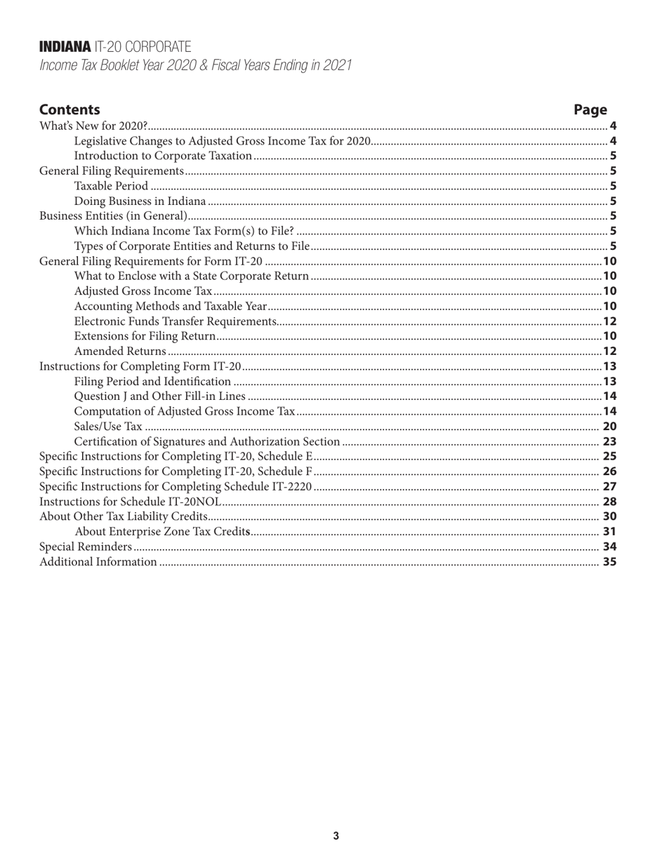 Instructions for Form IT-20, State Form 44275 Indiana Corporate Adjusted Gross Income Tax Return - Indiana, Page 3