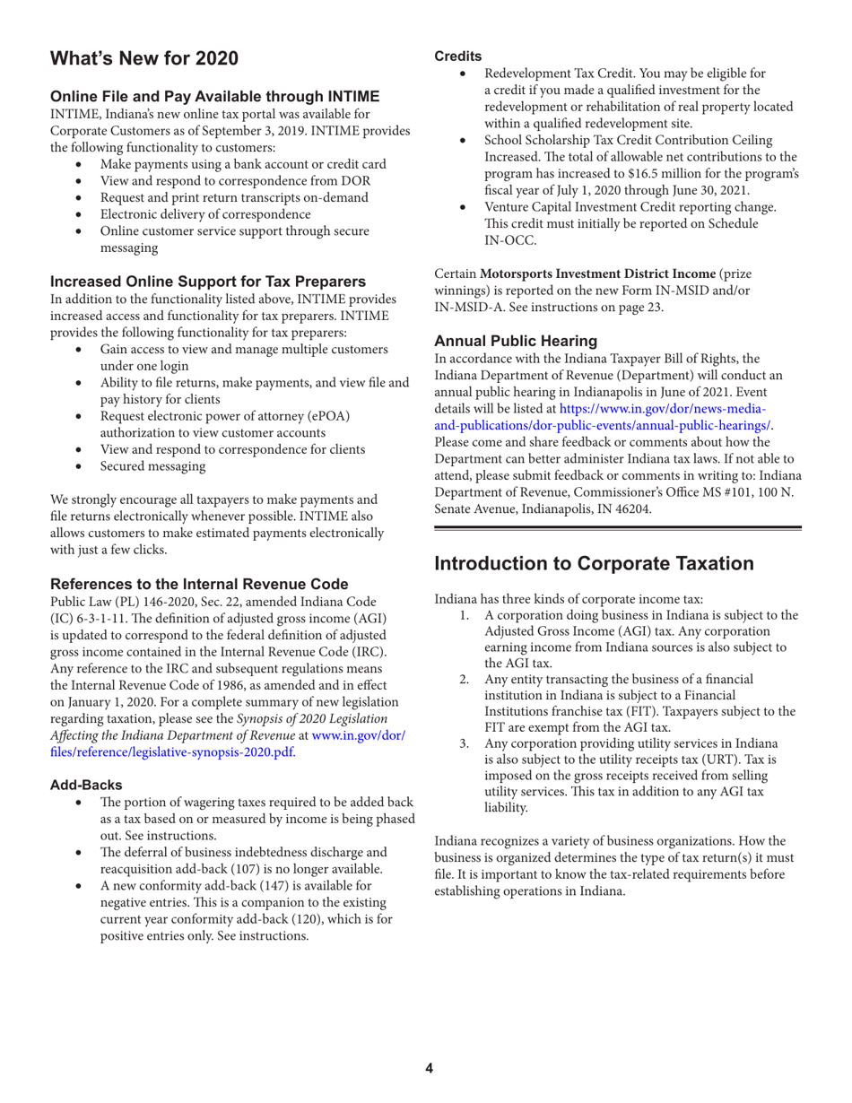 Instructions for Form IT-20, State Form 44275 Indiana Corporate Adjusted Gross Income Tax Return - Indiana, Page 4