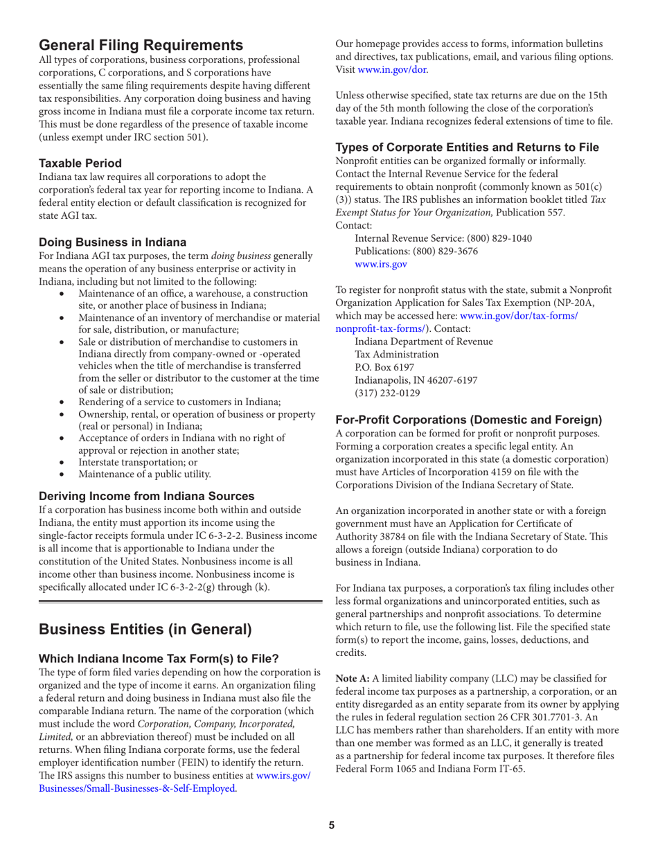 Instructions for Form IT-20, State Form 44275 Indiana Corporate Adjusted Gross Income Tax Return - Indiana, Page 5