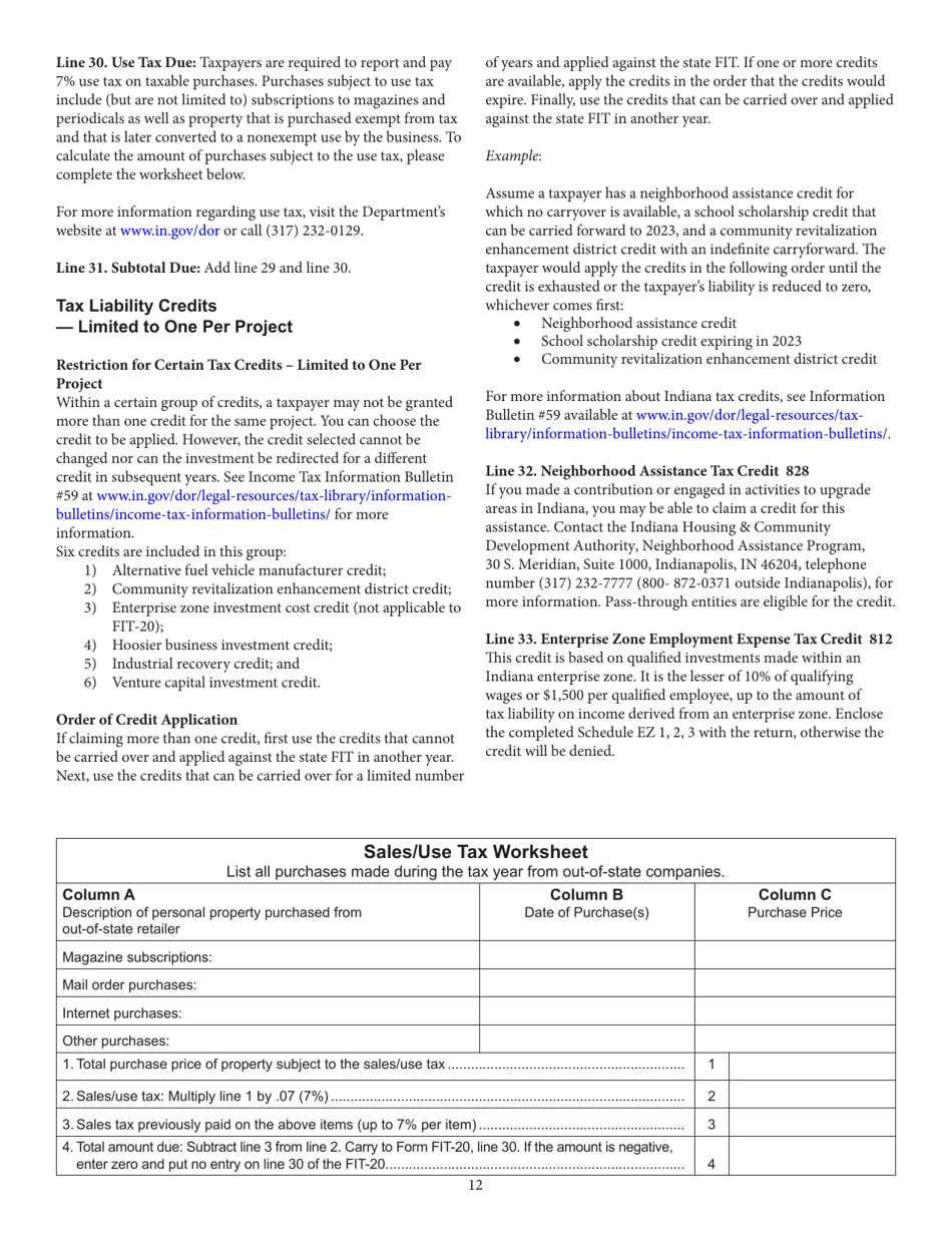 Instructions for Form FIT-20, State Form 44623 Indiana Financial Institution Tax Return - Indiana, Page 12