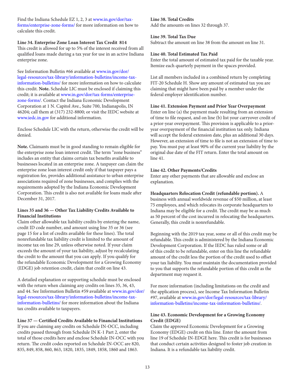 Instructions for Form FIT-20, State Form 44623 Indiana Financial Institution Tax Return - Indiana, Page 13