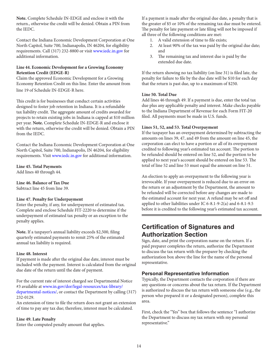 Instructions for Form FIT-20, State Form 44623 Indiana Financial Institution Tax Return - Indiana, Page 14