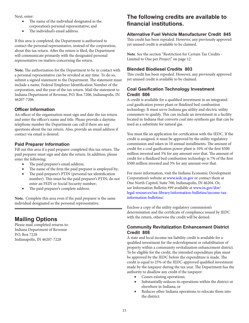 Instructions for Form FIT-20, State Form 44623 Indiana Financial Institution Tax Return - Indiana, Page 15