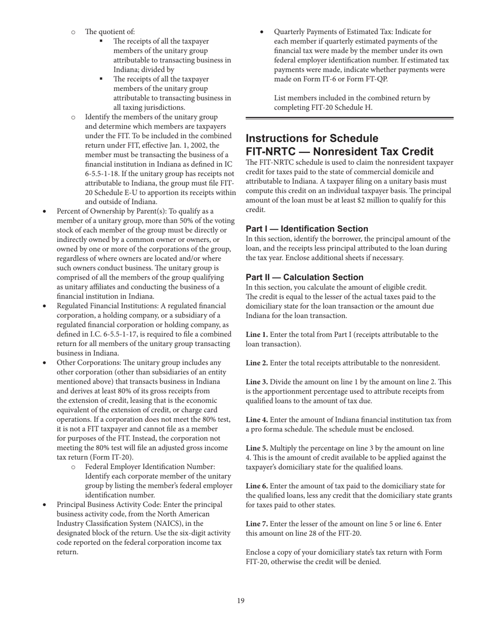 Instructions for Form FIT-20, State Form 44623 Indiana Financial Institution Tax Return - Indiana, Page 19