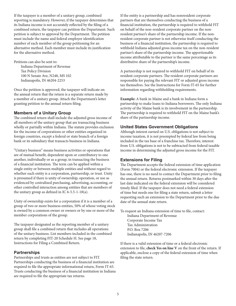 Instructions for Form FIT-20, State Form 44623 Indiana Financial Institution Tax Return - Indiana, Page 5