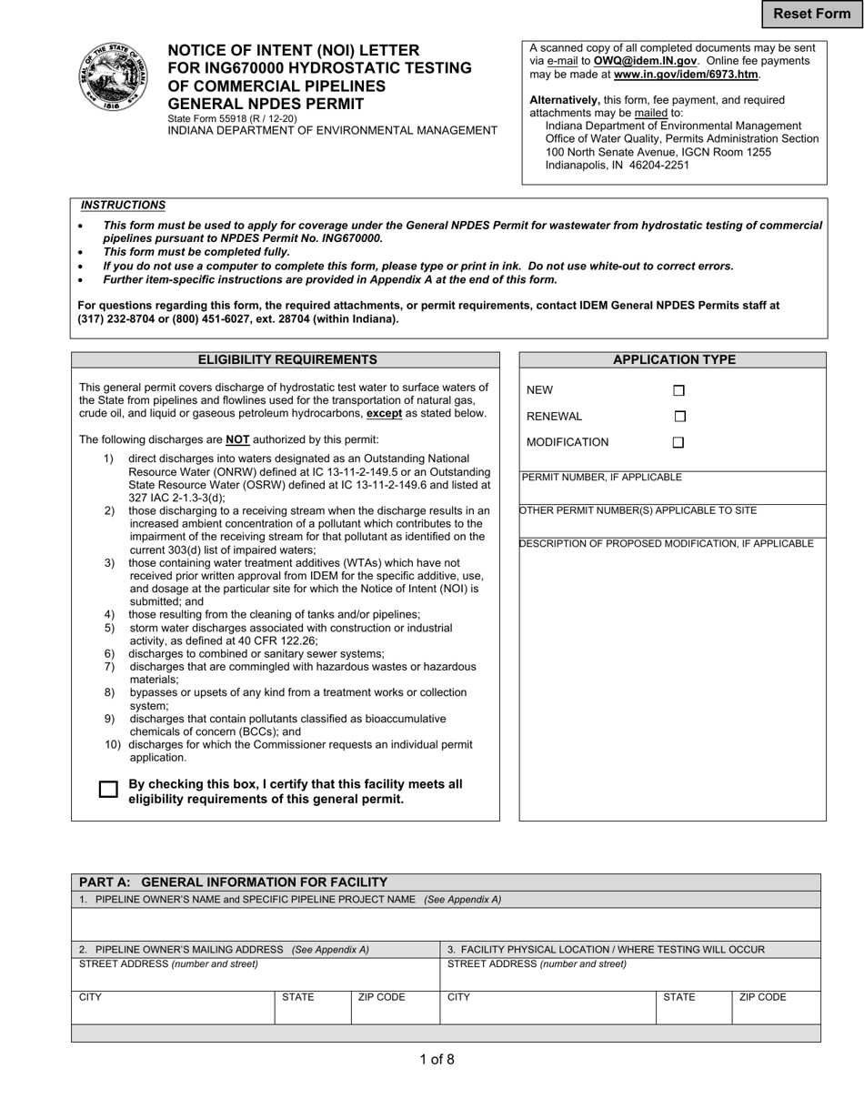 State Form 55918 Notice of Intent (Noi) Letter for Ing670000 Hydrostatic Testing of Commercial Pipelines General Npdes Permit - Indiana, Page 1