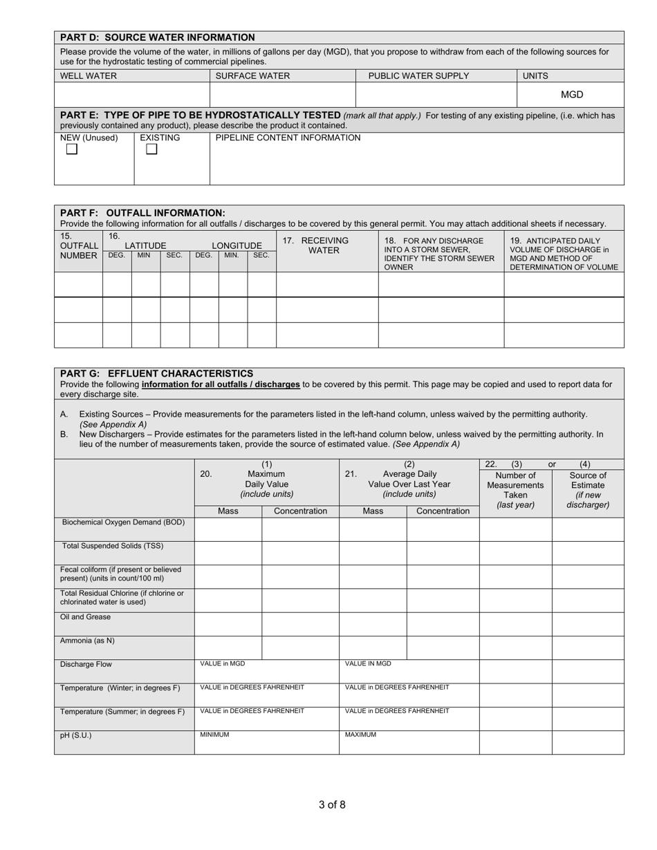 State Form 55918 Notice of Intent (Noi) Letter for Ing670000 Hydrostatic Testing of Commercial Pipelines General Npdes Permit - Indiana, Page 3