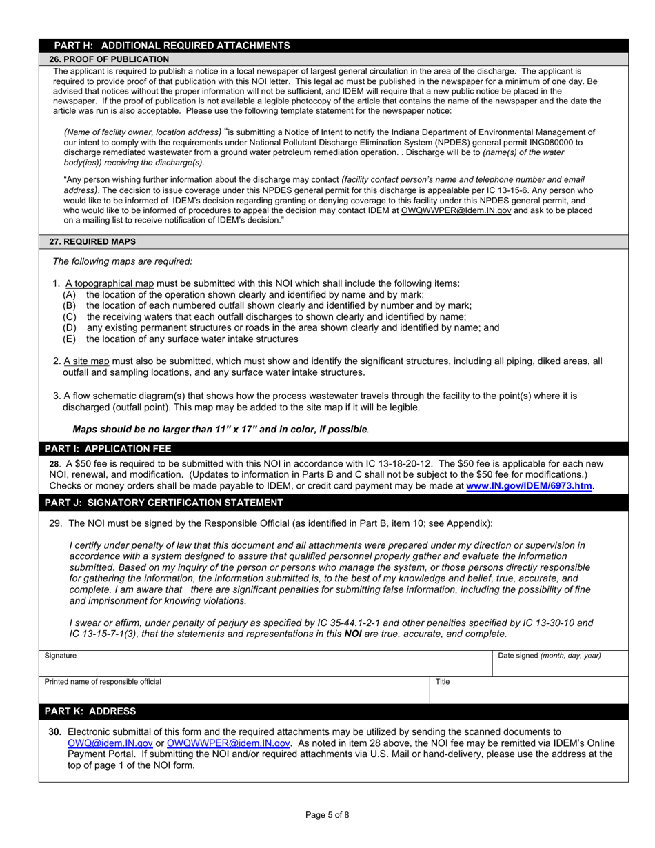 State Form 55945 Notice of Intent (Noi) Letter for Ing080000 Ground Water Petroleum Remediation General Npdes Permit - Indiana, Page 5