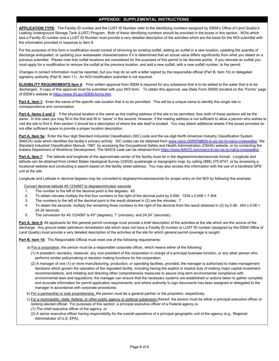 State Form 55945 Notice of Intent (Noi) Letter for Ing080000 Ground Water Petroleum Remediation General Npdes Permit - Indiana, Page 6