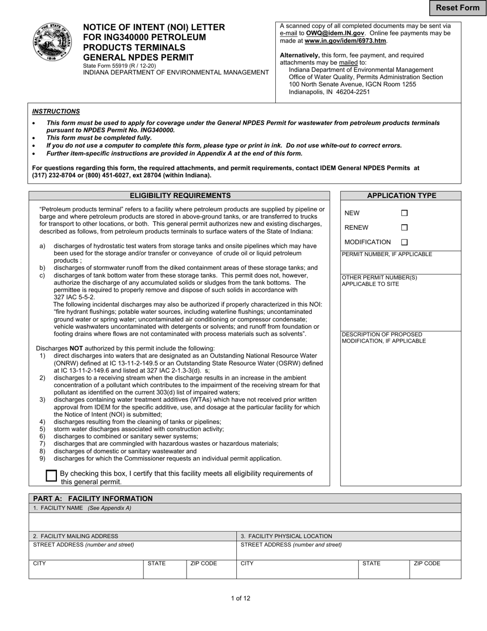State Form 55919 Notice of Intent (Noi) Letter for Ing340000 Petroleum Products Terminals General Npdes Permit - Indiana, Page 1