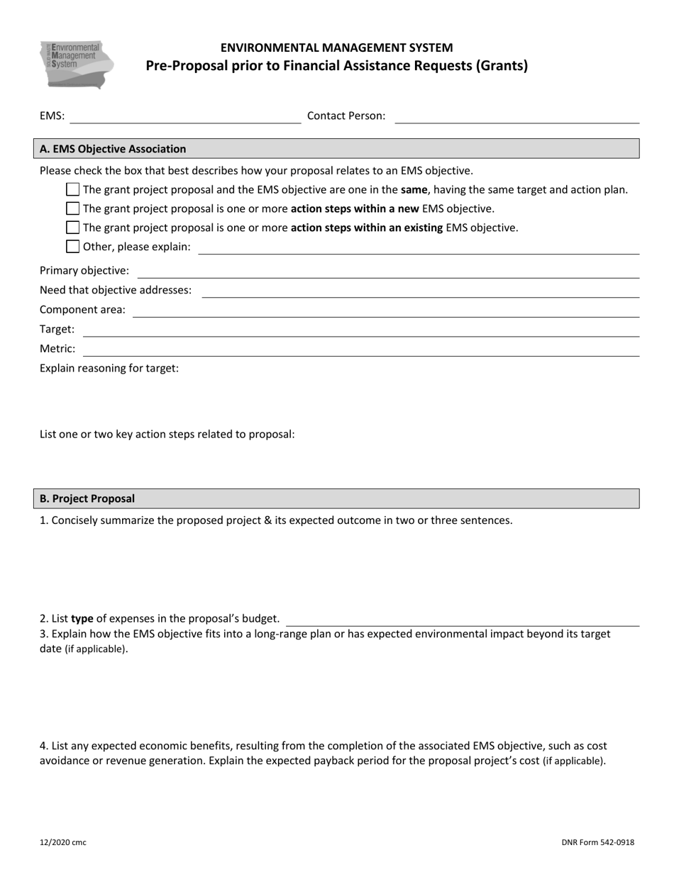 DNR Form 542-0918 Pre-proposal Prior to Financial Assistance Requests (Grants) - Iowa, Page 1