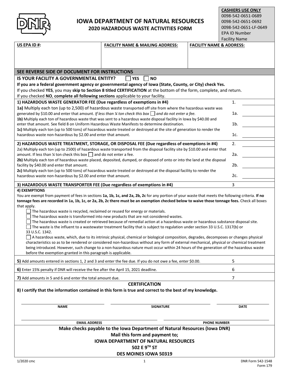 DNR Form 542-1548 (179) Hazardous Waste Activities Form - Iowa, Page 1