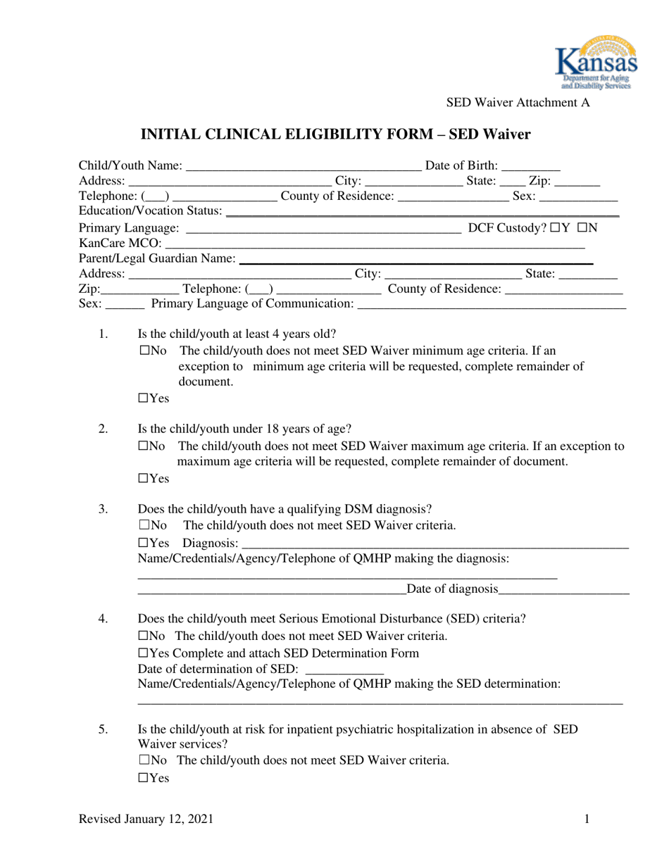 Attachment A Initial Clinical Eligibility Form - Sed Waiver - Kansas, Page 1