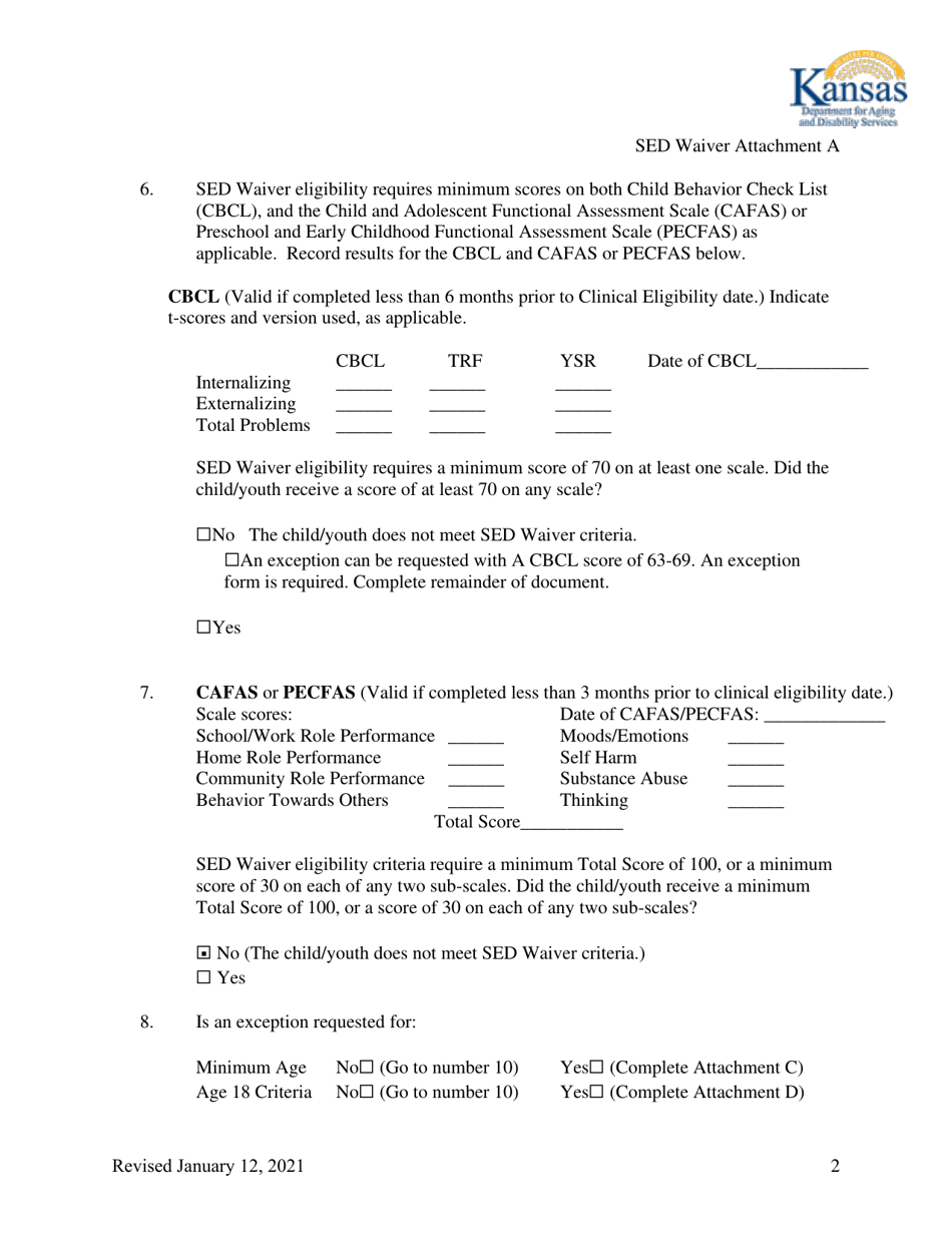 Attachment A Initial Clinical Eligibility Form - Sed Waiver - Kansas, Page 2