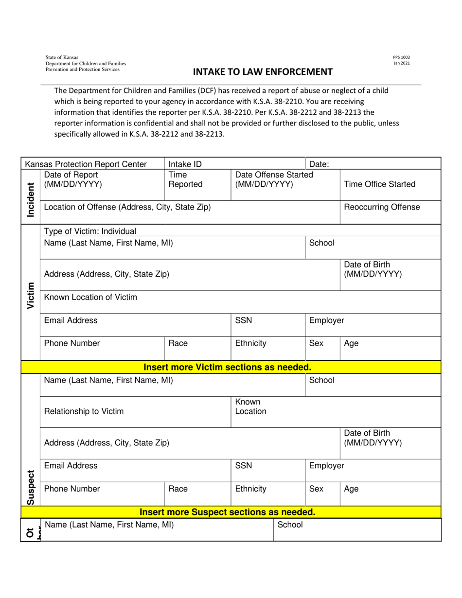 Form PPS1003 Intake to Law Enforcement - Kansas, Page 1