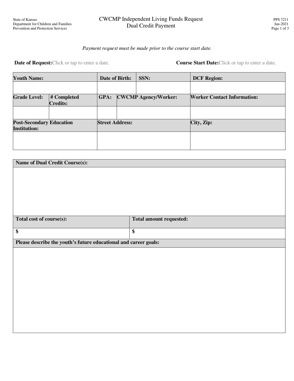 Form PPS7211 Cwcmp Independent Living Funds Request Dual Credit Payment - Kansas, Page 1