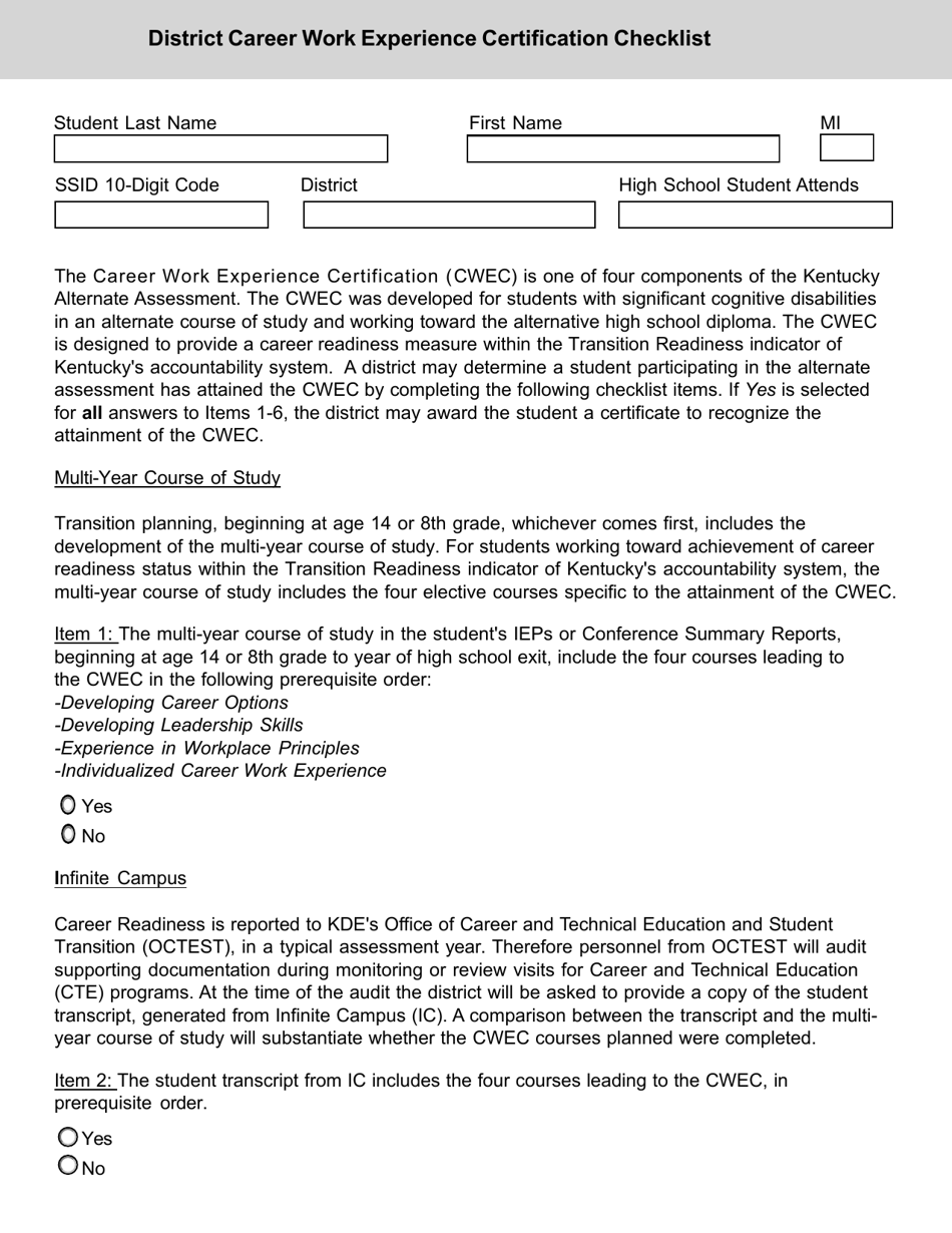 District Career Work Experience Certification Checklist - Kentucky, Page 1